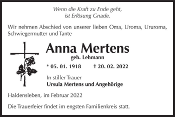 Traueranzeige von Anna Mertens  von Magdeburger Volksstimme