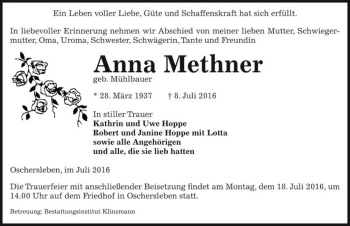 Traueranzeige von Anna Methner (geb. Mühlbauer)  von Magdeburger Volksstimme