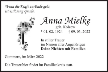 Traueranzeige von Anna Mielke (geb. Kolzow)  von Magdeburger Volksstimme