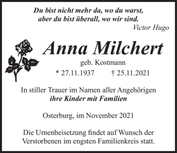 Traueranzeige von Anna Milchert (geb. Kostmann)  von Magdeburger Volksstimme