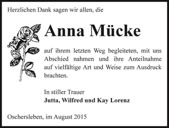 Traueranzeige von Anna Mücke  von Magdeburger Volksstimme