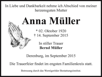 Traueranzeige von Anna Müller  von Magdeburger Volksstimme
