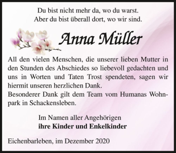Traueranzeige von Anna Müller  von Magdeburger Volksstimme