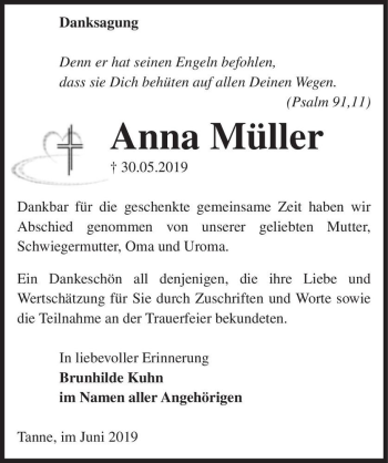 Traueranzeige von Anna Müller  von Magdeburger Volksstimme