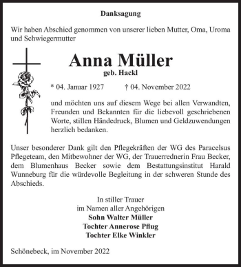 Traueranzeige von Anna Müller (geb. Hackl)  von Magdeburger Volksstimme