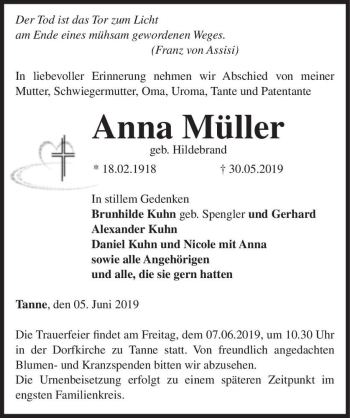 Traueranzeige von Anna Müller (geb. Hildebrand)  von Magdeburger Volksstimme