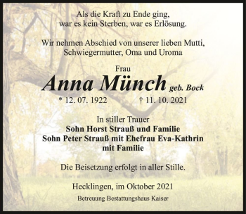 Traueranzeige von Anna Münch (geb. Bock)  von Magdeburger Volksstimme