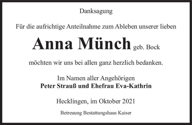  Traueranzeige für Anna Münch (geb. Bock)  vom 30.10.2021 aus Magdeburger Volksstimme