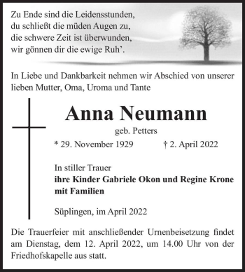 Traueranzeige von Anna Neumann (geb. Petters)  von Magdeburger Volksstimme