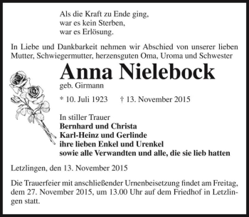 Traueranzeige von Anna Nielebock (geb. Girmann)  von Magdeburger Volksstimme