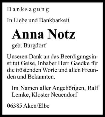Traueranzeige von Anna Notz (geb. Burgdorf)  von Magdeburger Volksstimme