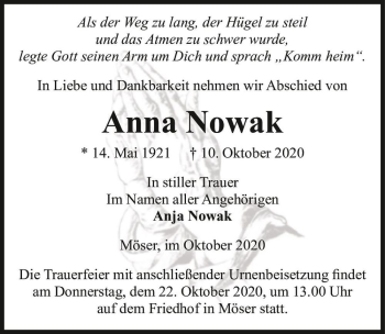 Traueranzeige von Anna Nowak  von Magdeburger Volksstimme