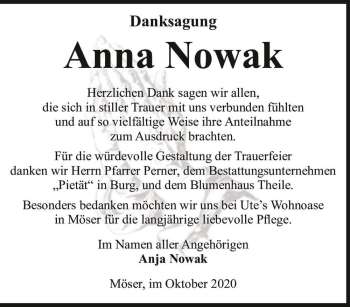 Traueranzeige von Anna Nowak  von Magdeburger Volksstimme