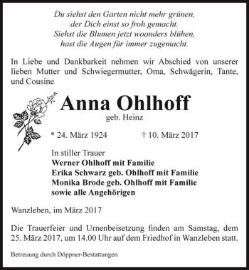 Traueranzeige von Anna Ohlhoff (geb. Heinz)  von Magdeburger Volksstimme