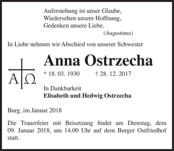 Traueranzeige von Anna Ostrzecha  von Magdeburger Volksstimme
