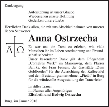 Traueranzeige von Anna Ostrzecha  von Magdeburger Volksstimme