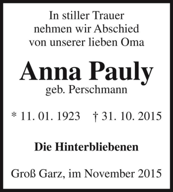 Traueranzeige von Anna Pauly (geb. Perschmann)  von Magdeburger Volksstimme