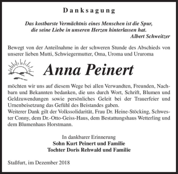 Traueranzeige von Anna Peinert  von Magdeburger Volksstimme