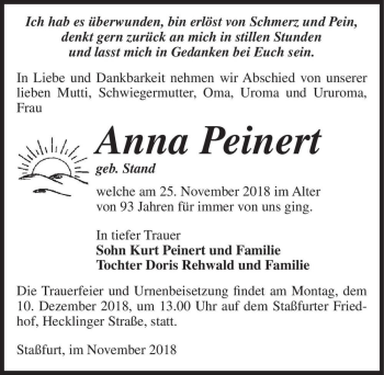 Traueranzeige von Anna Peinert (geb. Stand)  von Magdeburger Volksstimme