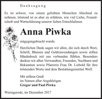 Traueranzeige von Anna Piwka  von Magdeburger Volksstimme