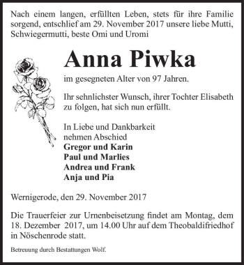 Traueranzeige von Anna Piwka  von Magdeburger Volksstimme