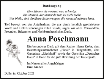 Traueranzeige von Anna Poschmann  von Magdeburger Volksstimme