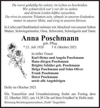 Traueranzeige von Anna Poschmann (geb. Pflug)  von Magdeburger Volksstimme