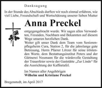 Traueranzeige von Anna Preckel  von Magdeburger Volksstimme