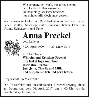 Traueranzeige von Anna Preckel (geb. Luderer)  von Magdeburger Volksstimme