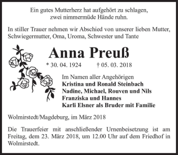 Traueranzeige von Anna Preuß  von Magdeburger Volksstimme