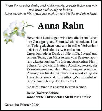 Traueranzeige von Anna Rahn  von Magdeburger Volksstimme