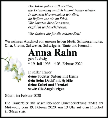 Traueranzeige von Anna Rahn (geb. Ludwig)  von Magdeburger Volksstimme