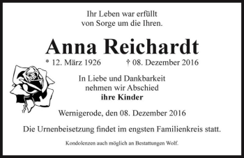 Traueranzeige von Anna Reichardt  von Magdeburger Volksstimme