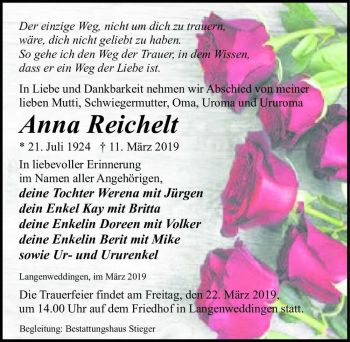 Traueranzeige von Anna Reichelt  von Magdeburger Volksstimme