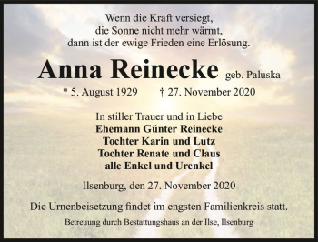 Traueranzeige von Anna Reinecke (geb. Paluska)  von Magdeburger Volksstimme