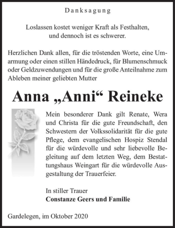 Traueranzeige von Anna Reineke  von Magdeburger Volksstimme
