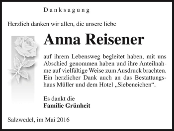 Traueranzeige von Anna Reisener  von Magdeburger Volksstimme