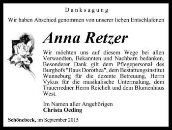 Traueranzeige von Anna Retzer  von Magdeburger Volksstimme