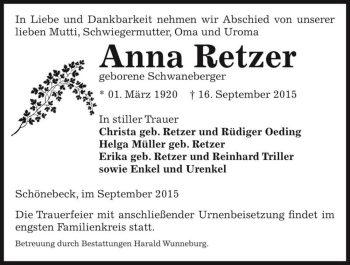 Traueranzeige von Anna Retzer (geb. Schwaneberger)  von Magdeburger Volksstimme