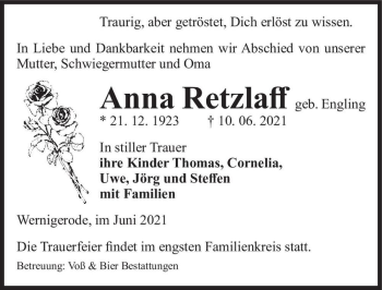 Traueranzeige von Anna Retzlaff (geb. Engling)  von Magdeburger Volksstimme