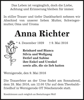Traueranzeige von Anna Richter  von Magdeburger Volksstimme