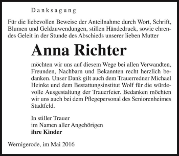 Traueranzeige von Anna Richter  von Magdeburger Volksstimme