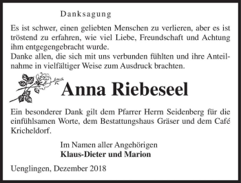 Traueranzeige von Anna Riebeseel  von Magdeburger Volksstimme