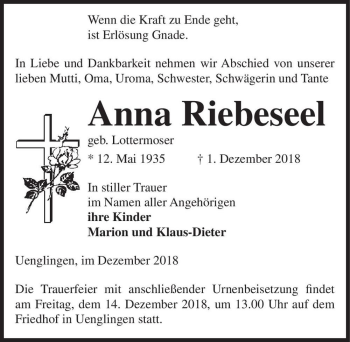 Traueranzeige von Anna Riebeseel (geb. Lottermoser)  von Magdeburger Volksstimme