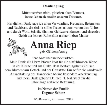 Traueranzeige von Anna Riep (geb. Güldenpfennig)  von Magdeburger Volksstimme