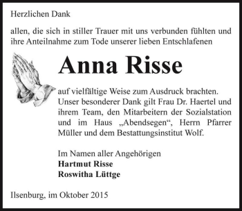 Traueranzeige von Anna Risse  von Magdeburger Volksstimme