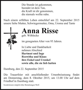 Traueranzeige von Anna Risse (geb. Wöhlecke)  von Magdeburger Volksstimme