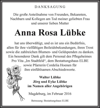 Traueranzeige von Anna Rosa Lübke  von Magdeburger Volksstimme