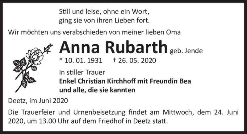  Traueranzeige für Anna Rubarth (geb. Jende)  vom 13.06.2020 aus Magdeburger Volksstimme