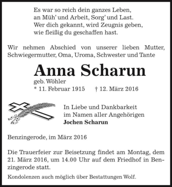 Traueranzeige von Anna Scharun (geb. Wöhler)  von Magdeburger Volksstimme
